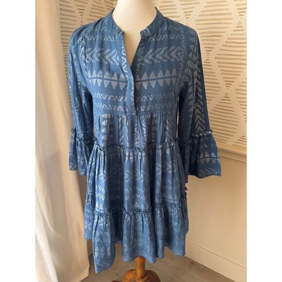 Elan Women’s Small Clara Metallic Bell Sleeve Blue/Silver Mini Dress - Picture 3 of 8